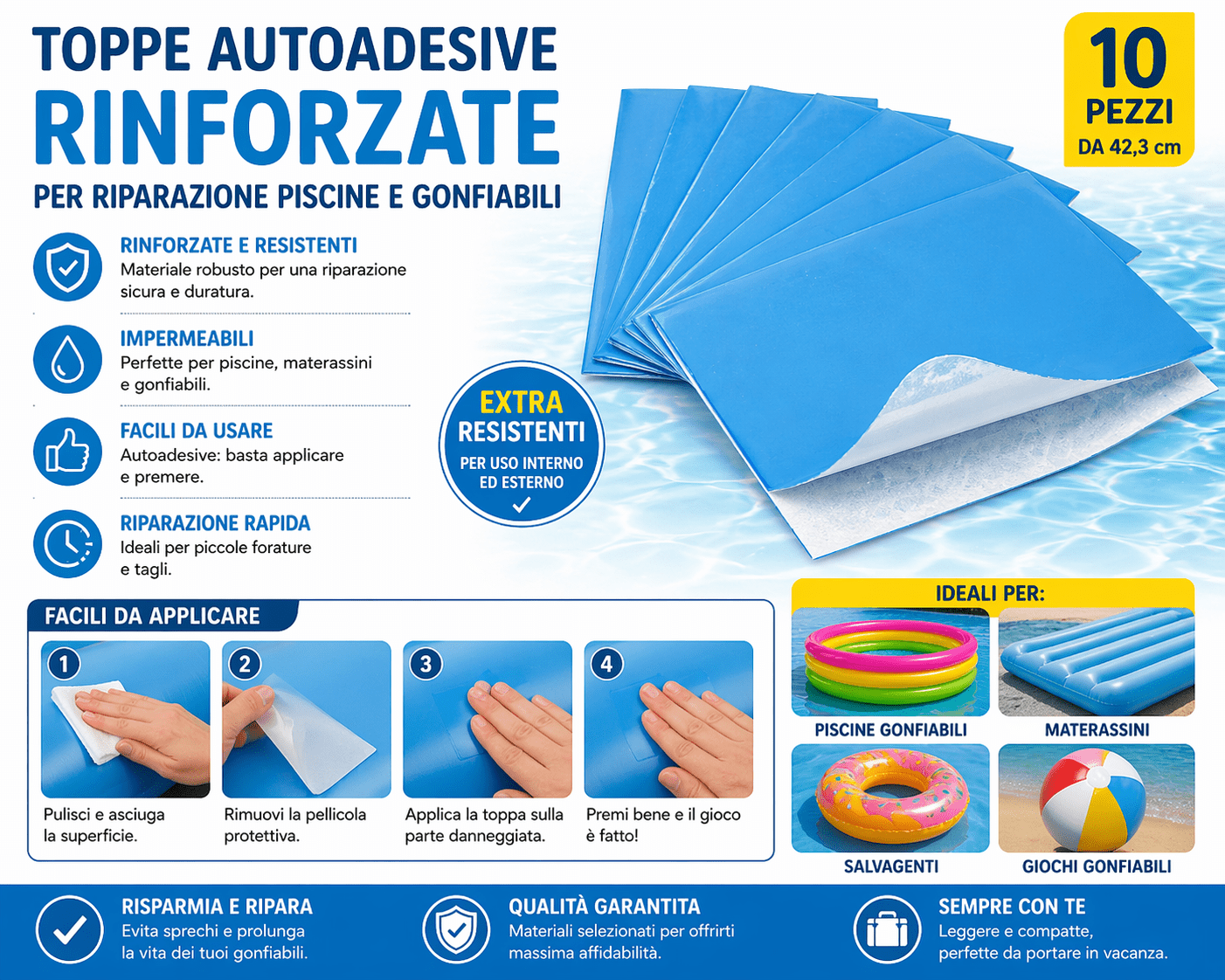 Toppe Riparazione Piscine Gonfiabili Autoadesive 10 Pz - Lemag srl