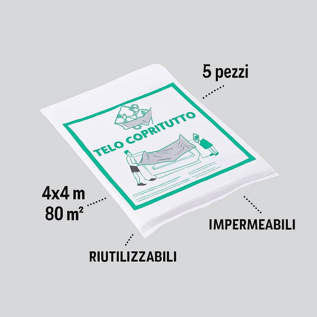 Set 5 Teli Protezione 4x4m Polietilene Impermeabile per Verniciatura e Giardino - Lemag srl