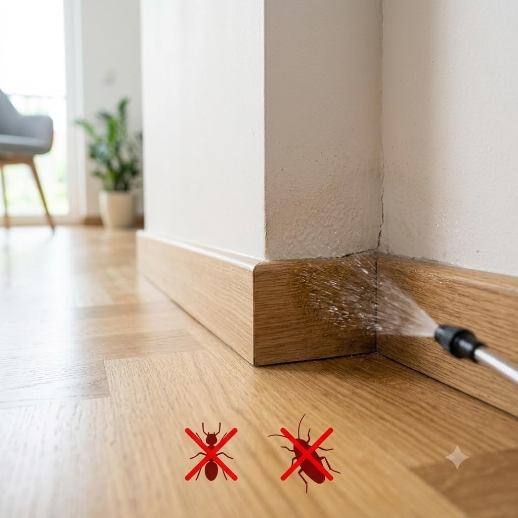 Applicazione di insetticida alla cipermetrina sul battiscopa contro insetti striscianti e blatte in ambienti domestici.