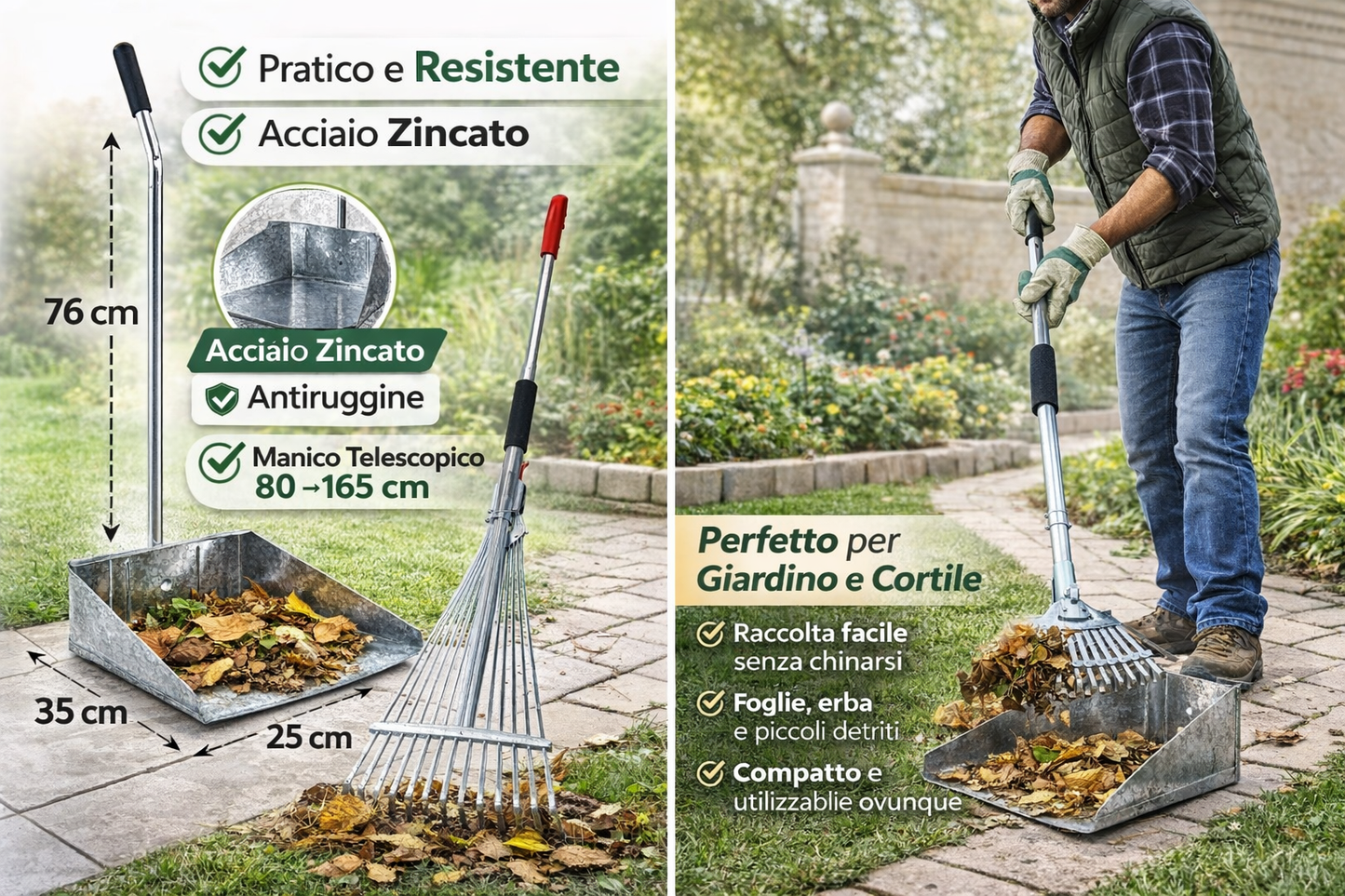 Kit Pulizia Giardino con Alzaimmondizia Zincato 35x25x76h cm + Scopa Foglie Regolabile 15 Denti con Manico Telescopico 80–165 cm - Lemag srl