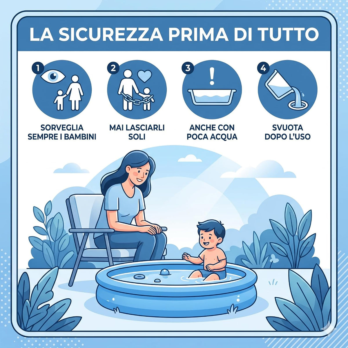 Consigli di sicurezza per l'uso della piscina frame per bambini: sorveglianza costante e svuotamento della vasca dopo l'uso.