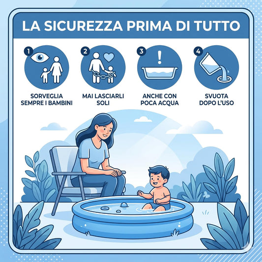 Infografica sulle regole di sicurezza della piscina fuori terra per bambini, con consigli utili per la sorveglianza in giardino.