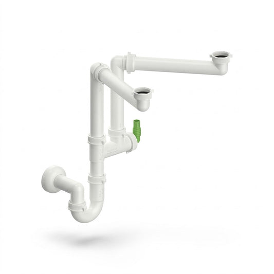 Sifone salvaspazio 2 vasche in plastica bianca con attacco per lavastoviglie e scarico da 40 mm.