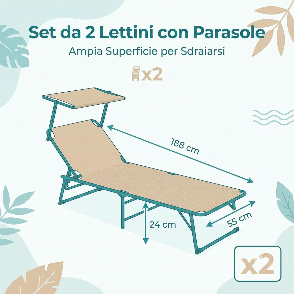 Set di 2 lettini da mare con parasole beige con dimensioni 188x55x24 cm per spiaggia e giardino.