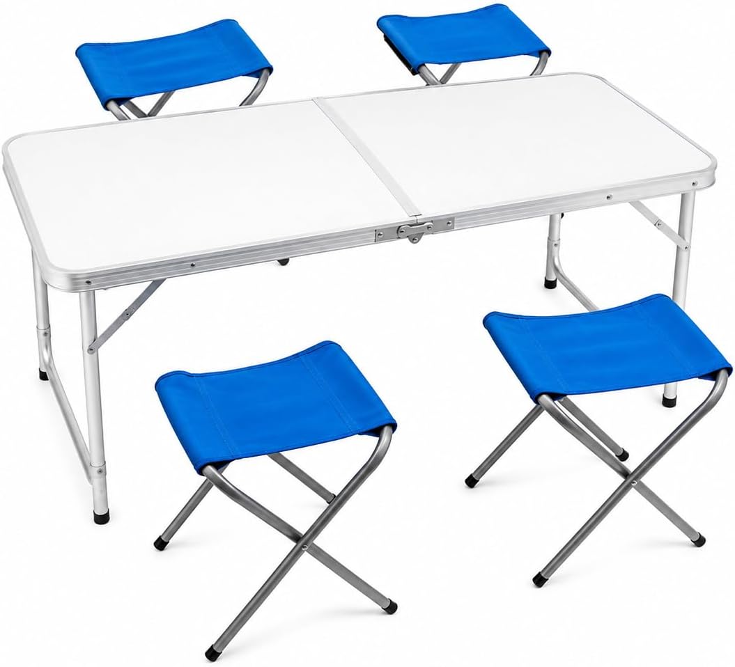 Set Tavolo + 4 Sedie Campeggio Acciaio 120x60cm – Altezza Regolabile 53/63/70cm | Bianco Pieghevole | Giardino Terrazzo Spiaggia | 5 Pezzi Completi | Made in Italy - Lemag srl