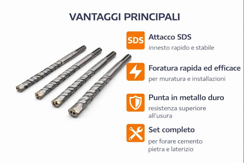 Set 5 Punte Trapano SDS per Muratura Misure 6x110 8x110 8x160 10x160 12x160 mm per Cemento Laterizio Pietra Punta in Metallo Duro - Lemag srl
