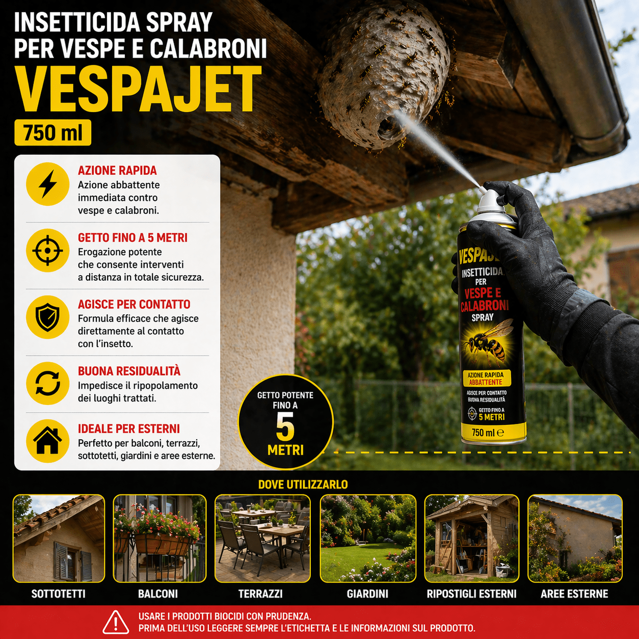 3 pezzi Insetticida Vespe e Calabroni Spray Vespajet 750 ml Gittata 5 m - Lemag srl