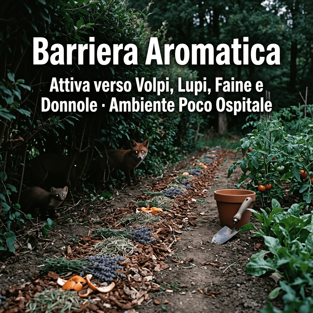 Barriera aromatica creata con il disabituante per volpi e faine in un orto per tenere lontani gli animali selvatici.