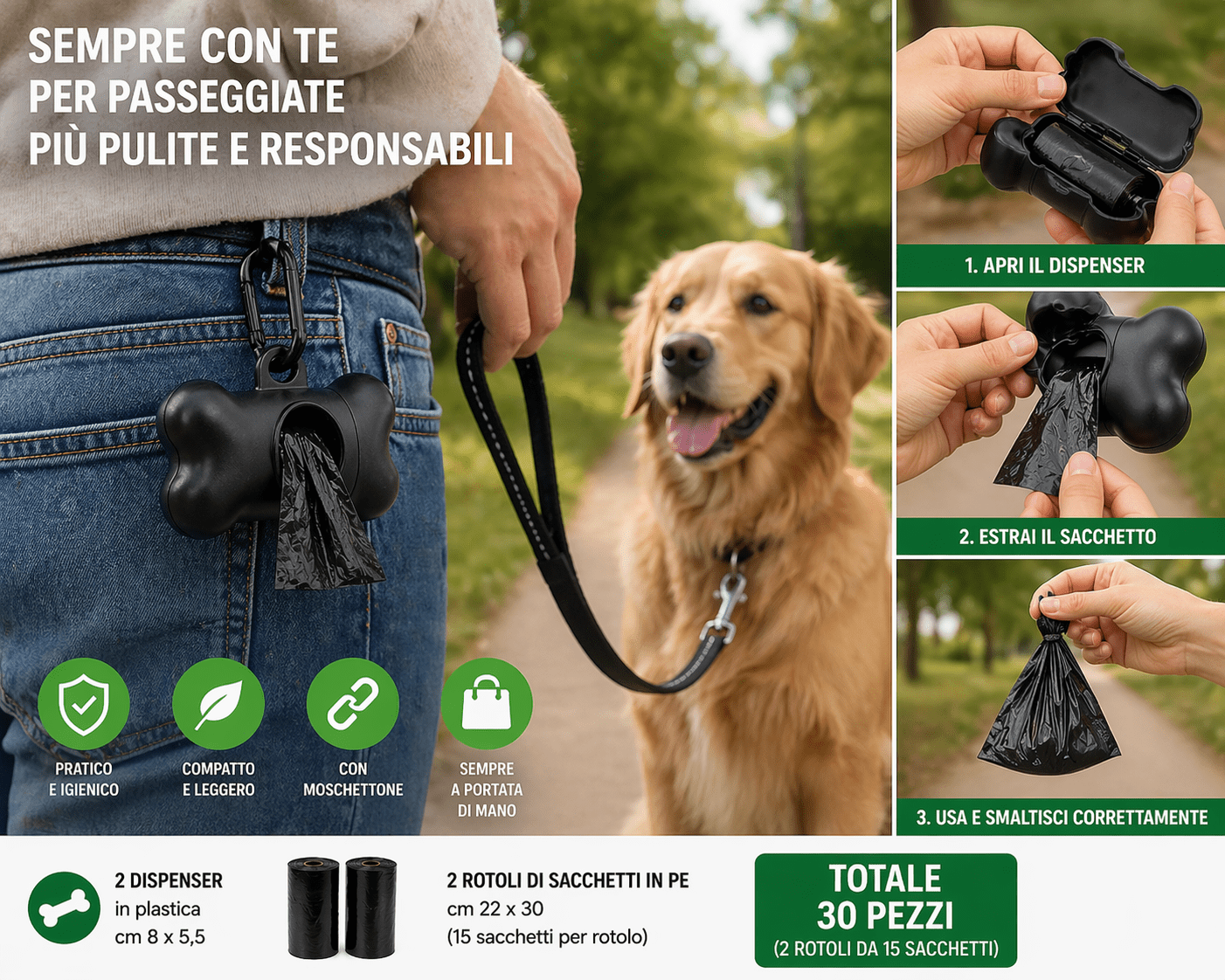 Dispenser Sacchetti Igienici Cani con 30 Sacchetti e Moschettone - Lemag srl