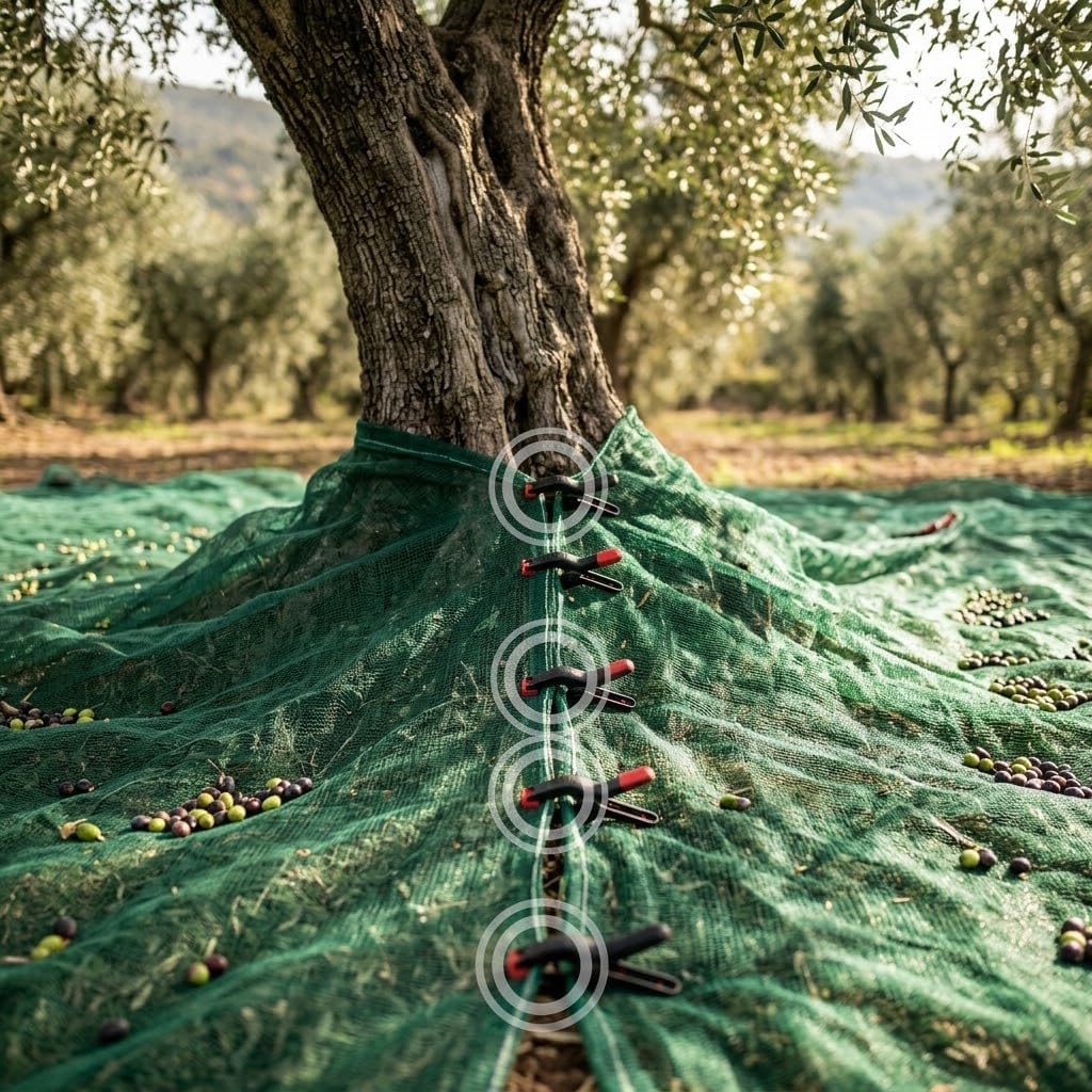 Rete antispina del kit raccolta olive fissata attorno al tronco dell'albero con morsetti durante la raccolta.