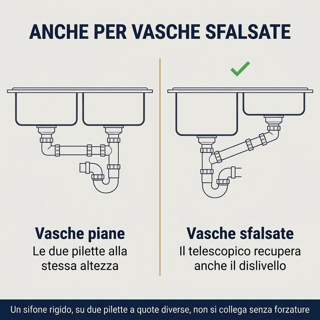 Sifone per Vasca da Bagno 1 Pollice e Mezzo x 40-50 mm - Profilo Ribassato per lo Spazio Sotto la Vasca - Uscita Adattabile ai Due Diametri Piu Diffusi - Lemag srl
