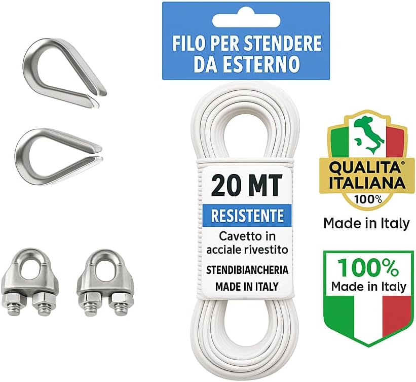 Filo Stendibiancheria Acciaio Rivestito 20 m con Moschettoni e Redance – Corda Bucato Esterno Resistente per Balcone e Terrazzo – Made in Italy - Lemag srl