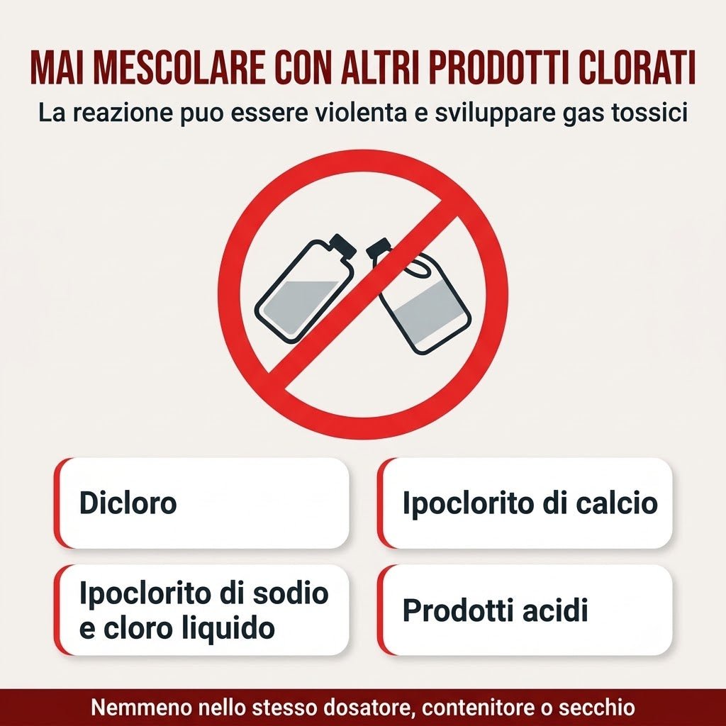 Linee guida per la pulizia del sifone lavello doppia vasca: non mescolare prodotti clorati per evitare reazioni chimiche tossiche.