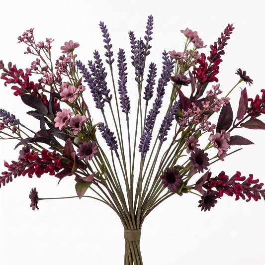 Elegante mazzo di fiori artificiali rosa, bordeaux e lilla, ideale come bouquet decorativo per la casa.