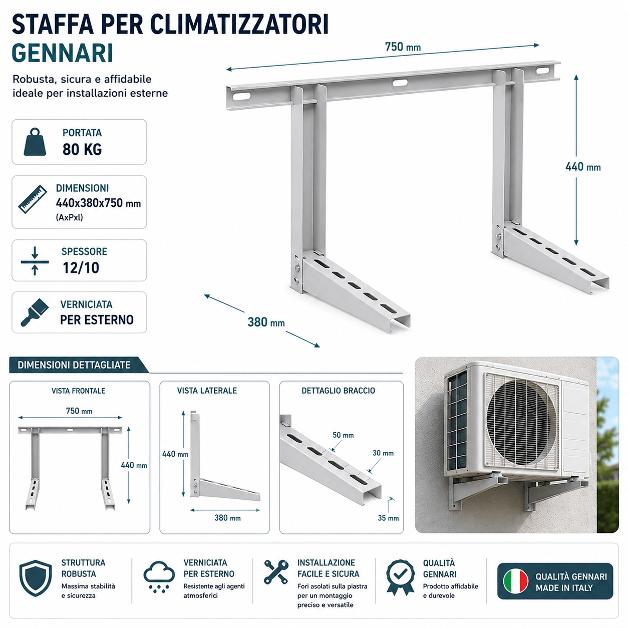 Staffa per Climatizzatori Gennari 440x380x750 mm Portata 80 Kg Spessore 12/10 Verniciata per Esterno - Lemag srl