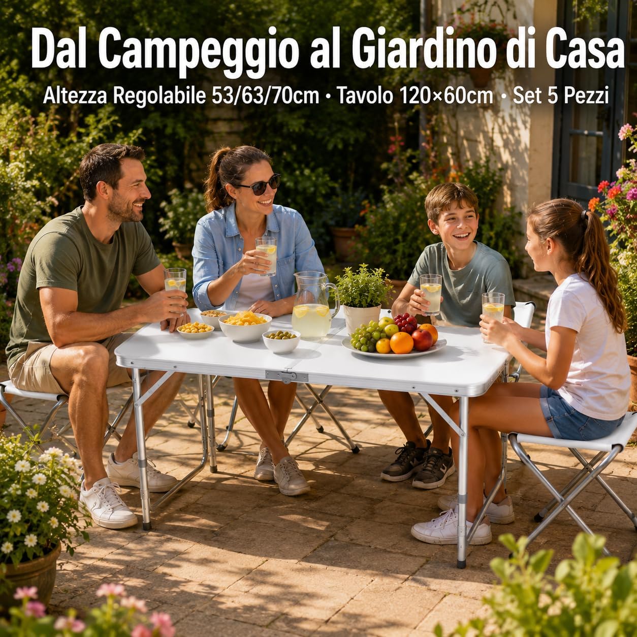 Set Tavolo + 4 Sedie Campeggio Acciaio 120x60cm – Altezza Regolabile 53/63/70cm | Bianco Pieghevole | Giardino Terrazzo Spiaggia | 5 Pezzi Completi | Made in Italy - Lemag srl