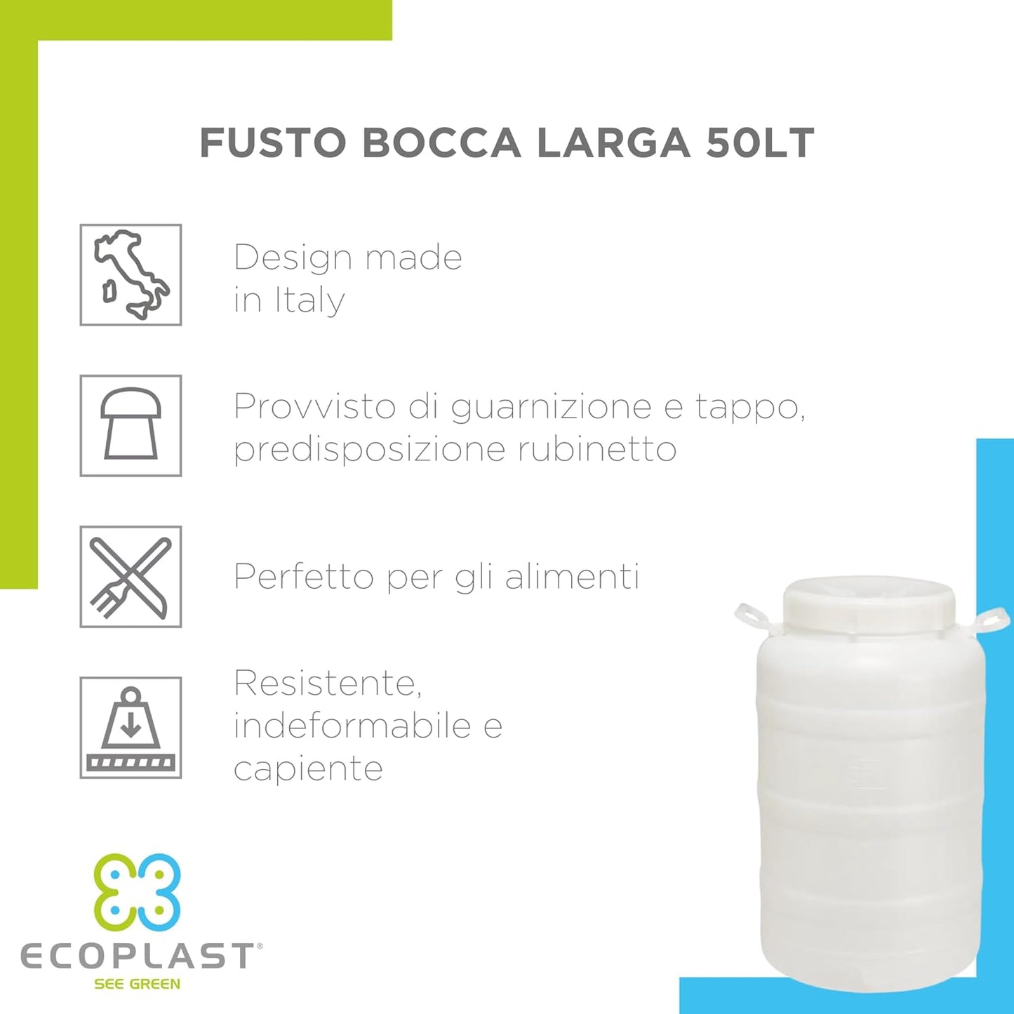 FUSTO CONTENITORE BOCCA LARGA 50 LT. BIANCO PER ALIMENTI CON TAPPO A VITE - Lemag srl