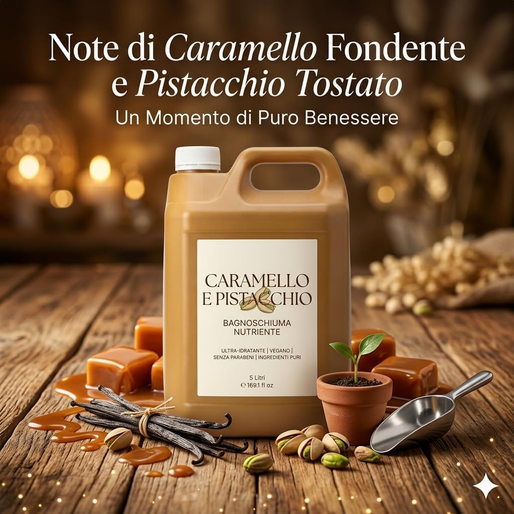 Bagnoschiuma Caramello e Pistacchio 5 Litri — Docciaschiuma Nutriente Profumo Gourmand Avvolgente, Senza Parabeni e Nickel, Vegano, Biodegradabile, Cruelty Free — Made in Italy - Lemag srl