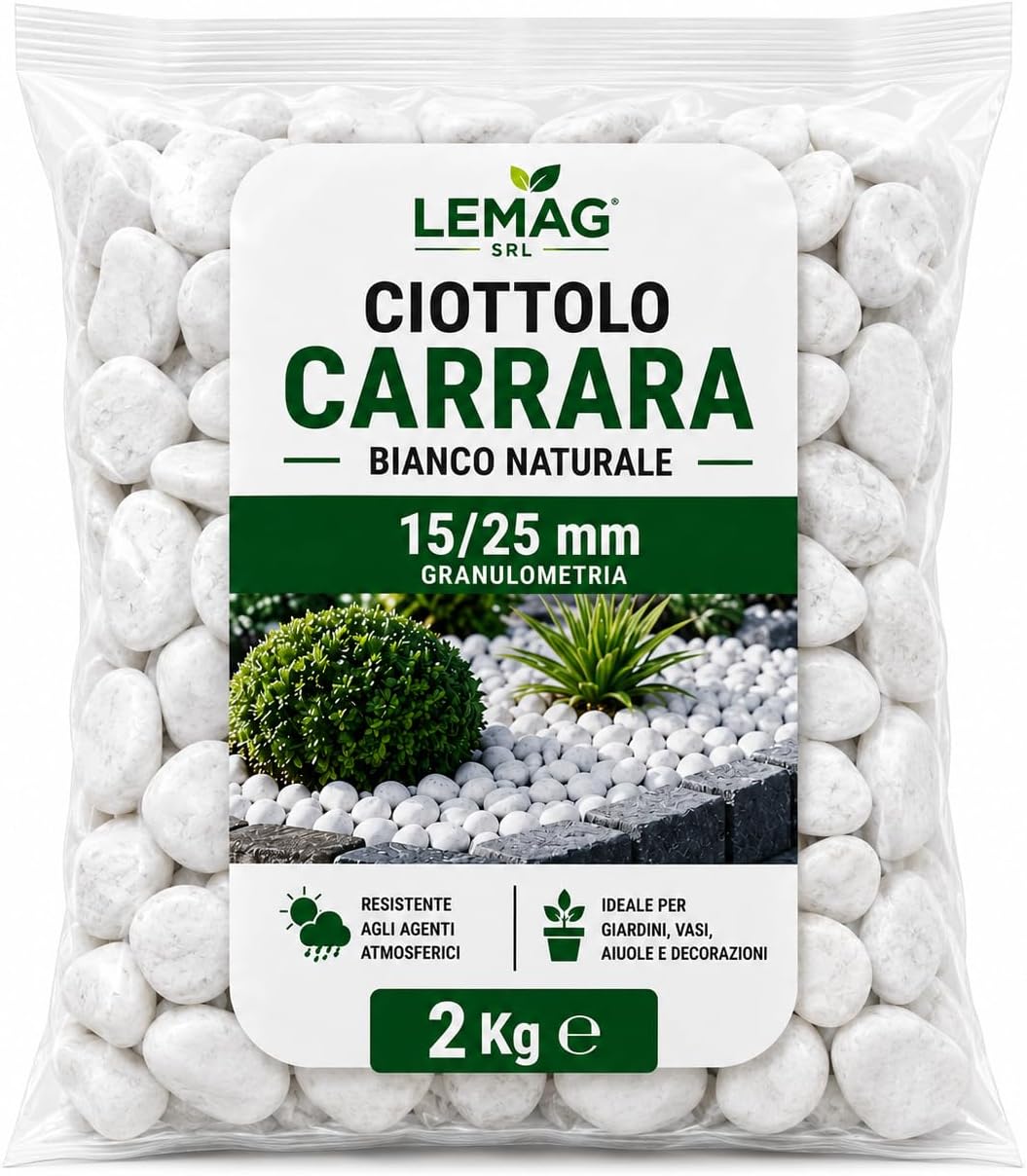 Ciottolo Carrara Bianco 15/25 mm in Sacco da 2 kg Pietra Decorativa per Giardino Vasi Aiuole Decorazioni Esterno Interno - Lemag srl