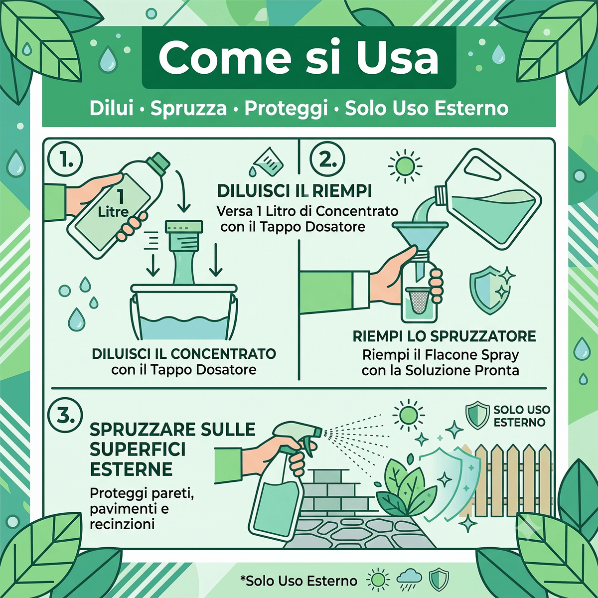 Infografica come usare il disabituante piccioni concentrato in 3 step: diluire con dosatore, riempire lo spruzzatore e spruzzare.