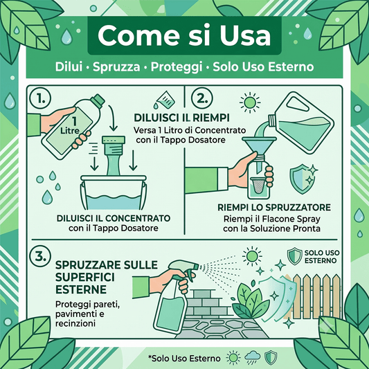 Infografica come usare il disabituante piccioni concentrato in 3 step: diluire con dosatore, riempire lo spruzzatore e spruzzare.