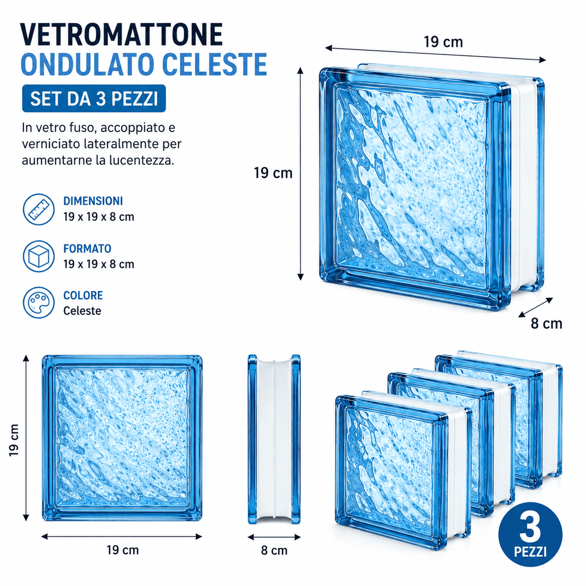 Vetromattone celeste ondulato 19x19x8 cm in set da 3 pezzi per pareti divisorie decorative.