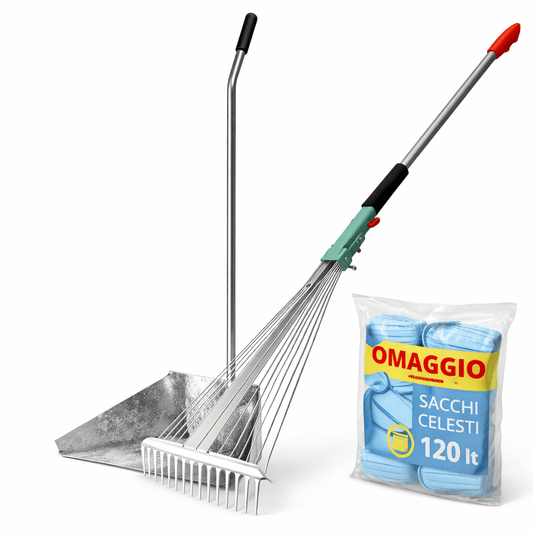 Kit Pulizia Giardino con Alzaimmondizia Zincato 35x25x76h cm + Scopa Foglie Regolabile 15 Denti con Manico Telescopico 80–165 cm - Lemag srl