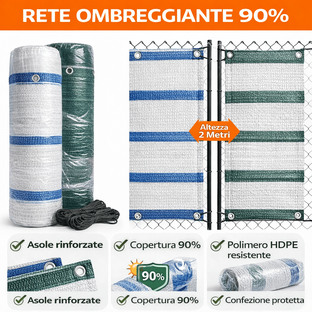 Rete Ombreggiante 90% con Asole Rinforzate HDPE Altezza 2 tm Vari Colori 5mt - Lemag srl