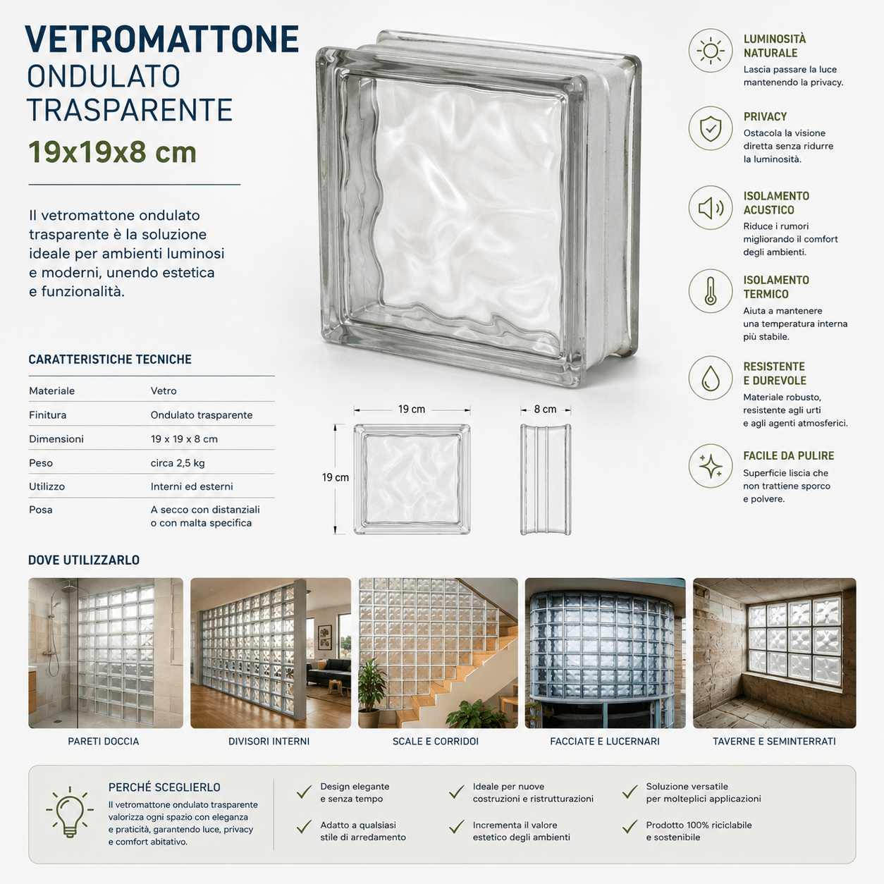 Vetromattone Ondulato Trasparente 19x19x8 cm Set 3 Pezzi Blocco in Vetro per Pareti Divisorie Interni ed Esterni Design Luminoso - Lemag srl