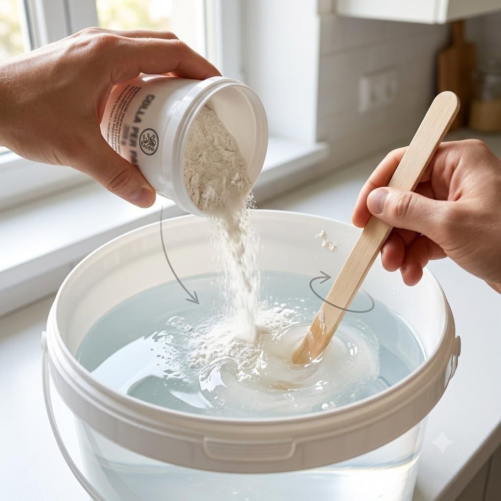 Preparazione della colla per carta da parati in polvere versata in acqua e mescolata con una spatola in legno.