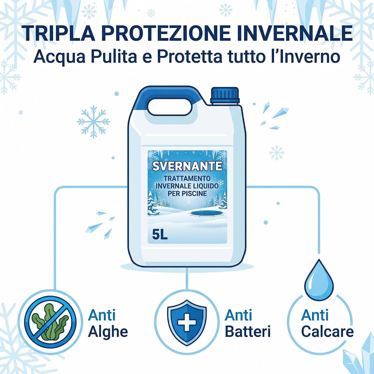 Tanica di svernante liquido per piscine da 5L con tripla azione antialghe, antibatterica e anticalcare.