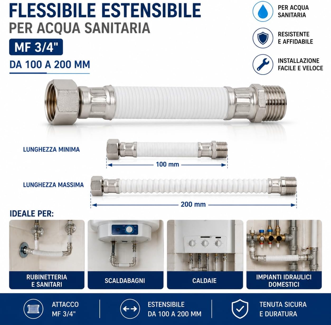 Flessibile Estensibile per Acqua Sanitaria MF 3/4" da 100 a 200 mm Tubo Estensibile Idraulico per Collegamenti Acqua - Lemag srl