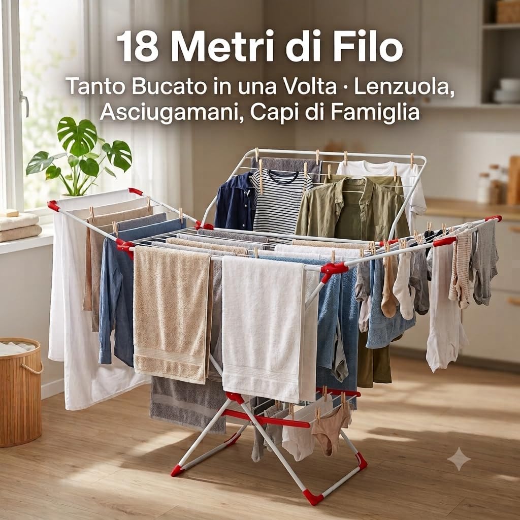 Pratico stendibiancheria pieghevole con ali da 18 metri carico di asciugamani, vestiti e bucato di famiglia in casa.