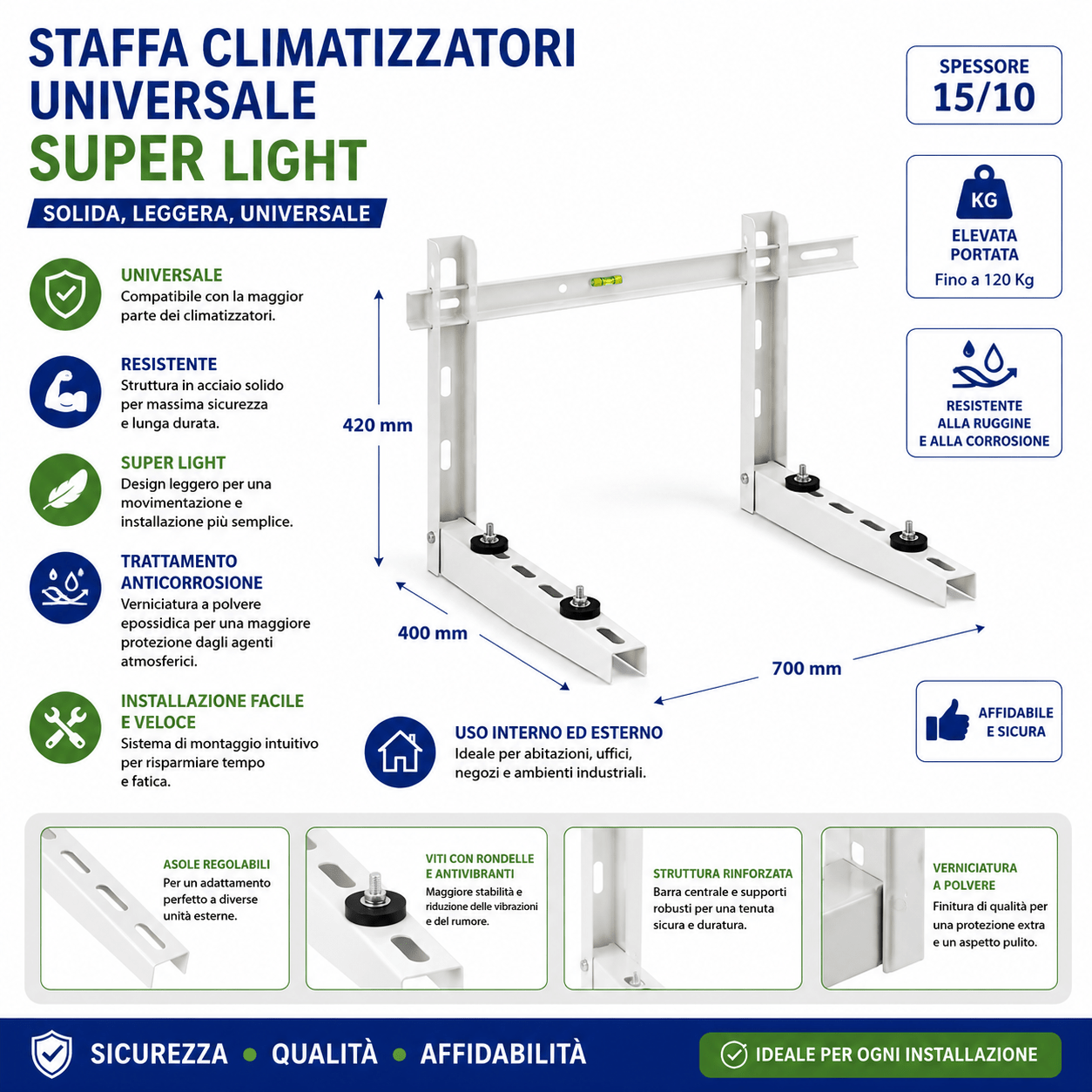 Staffa Climatizzatori Universale Super Light 420x400x700 mm Spessore 15/10 Supporto Condizionatore - Lemag srl