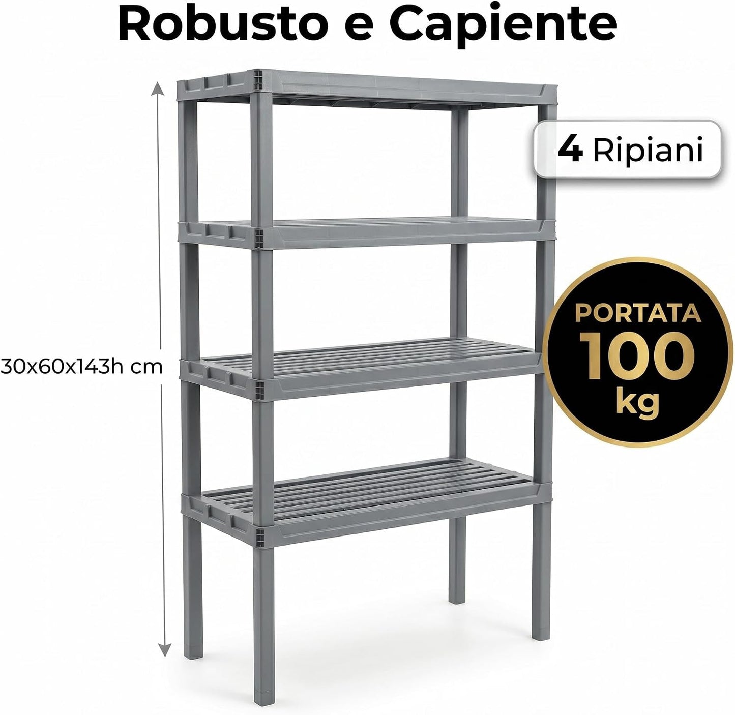 Scaffale in Resina 4 Ripiani 30x60x143h cm – Scaffalatura Portata 100 kg per Garage Cantina e Magazzino – Scaffale Plastica Resistente Montaggio a Incastro Senza Viti - Lemag srl