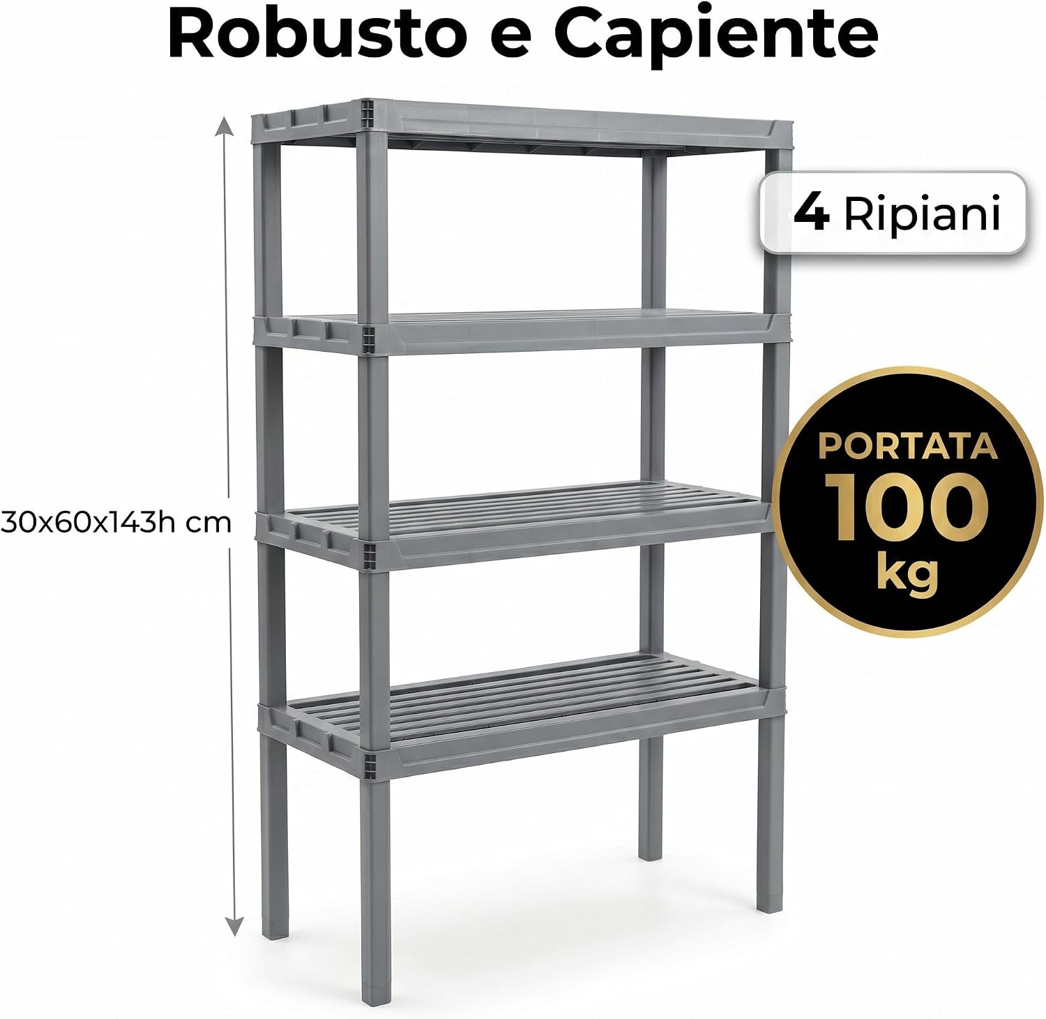 Scaffale in Resina 4 Ripiani 30x60x143h cm – Scaffalatura Portata 100 kg per Garage Cantina e Magazzino – Scaffale Plastica Resistente Montaggio a Incastro Senza Viti - Lemag srl