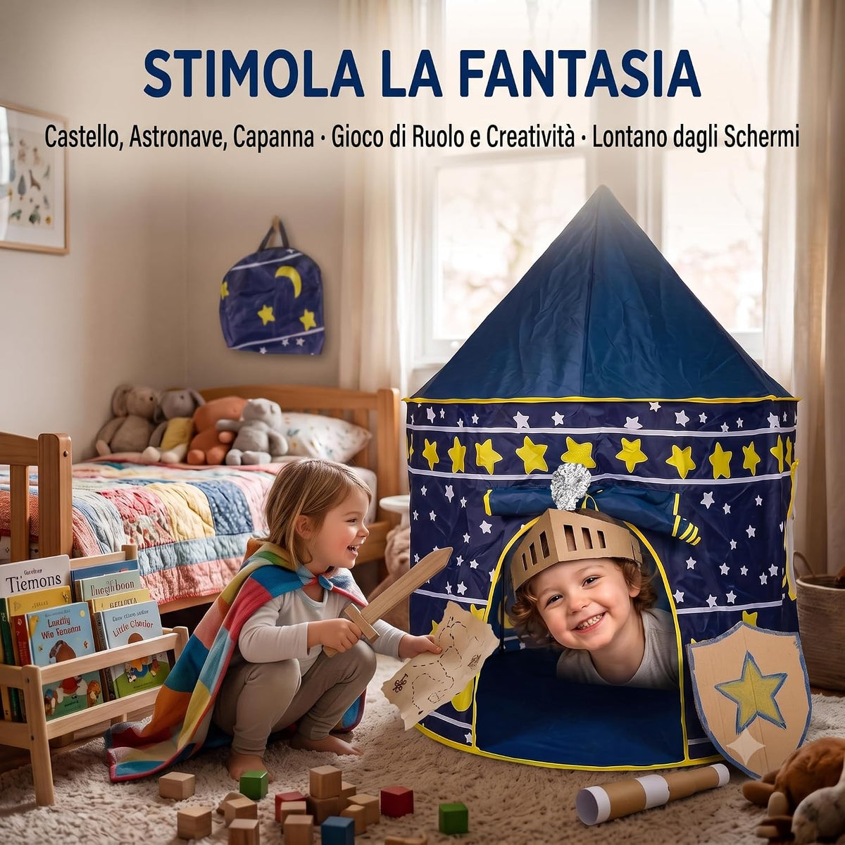 Tenda gioco per bambini a forma di castello blu stellato con bimbi che giocano in cameretta.