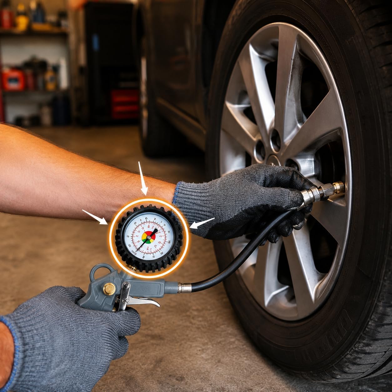 Pistola di gonfiaggio con manometro del kit accessori per compressore per regolare la pressione degli pneumatici dell'auto.