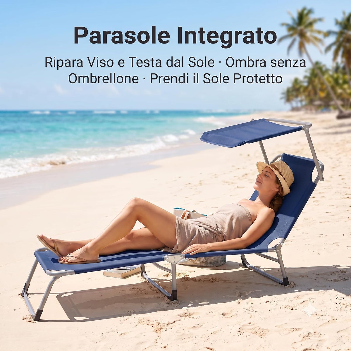 Donna si rilassa sulla spiaggia su uno dei lettini da mare con parasole in textilene blu.