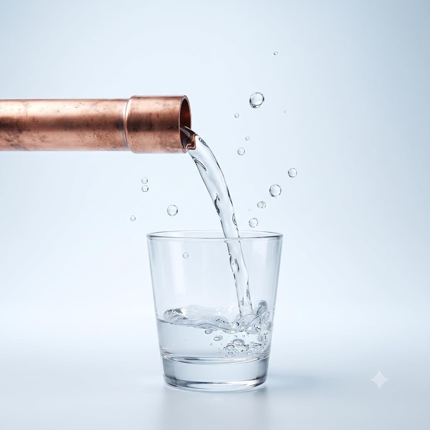 Acqua potabile limpida che scorre da un tubo di rame in barra in un bicchiere di vetro pulito.