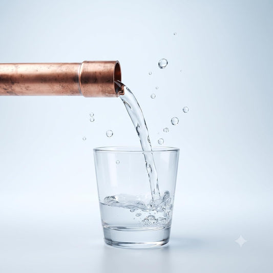 Acqua potabile limpida che scorre da un tubo di rame in barra in un bicchiere di vetro pulito.