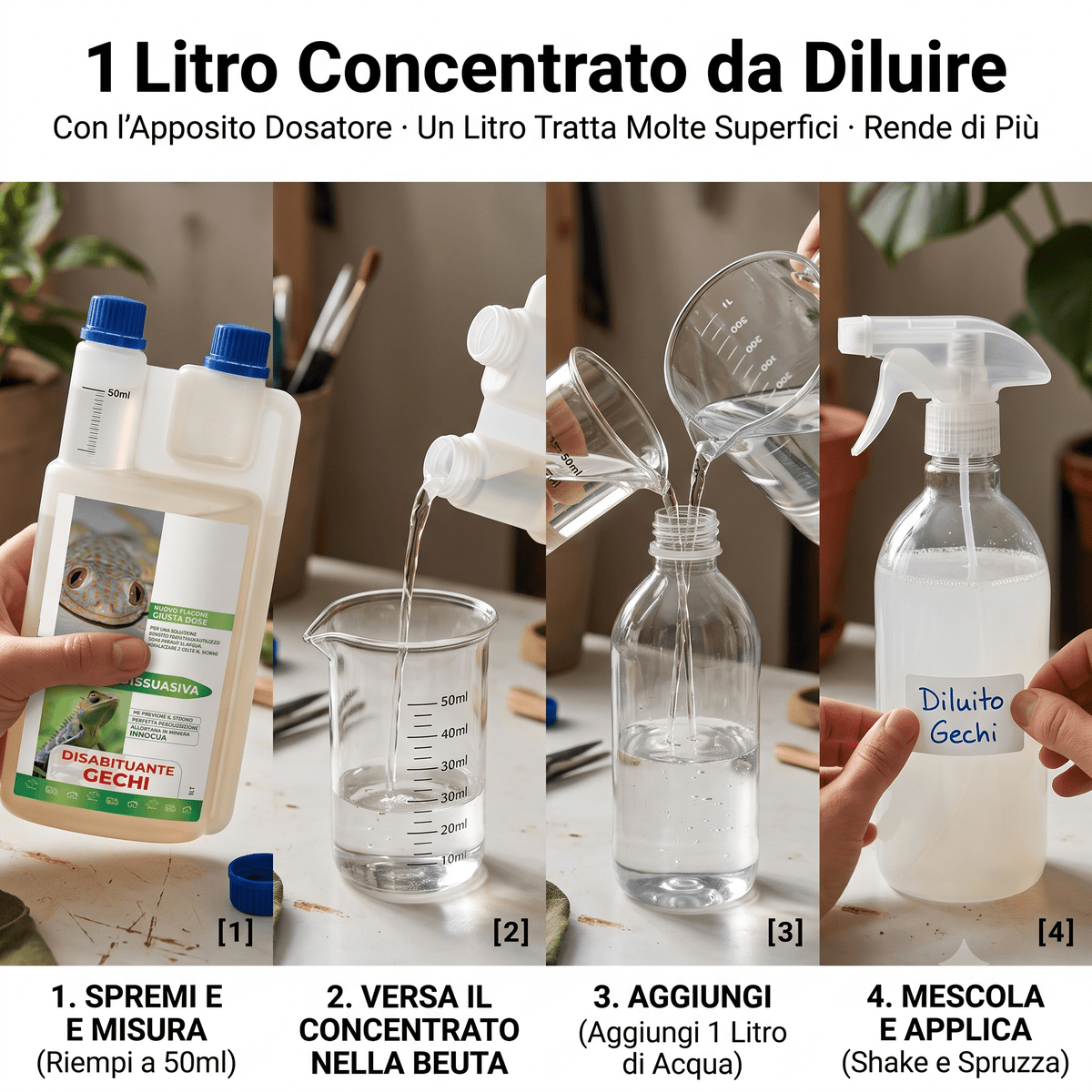 Istruzioni grafiche per diluire il disabituante per gechi concentrato: misurazione, diluizione con acqua e applicazione.