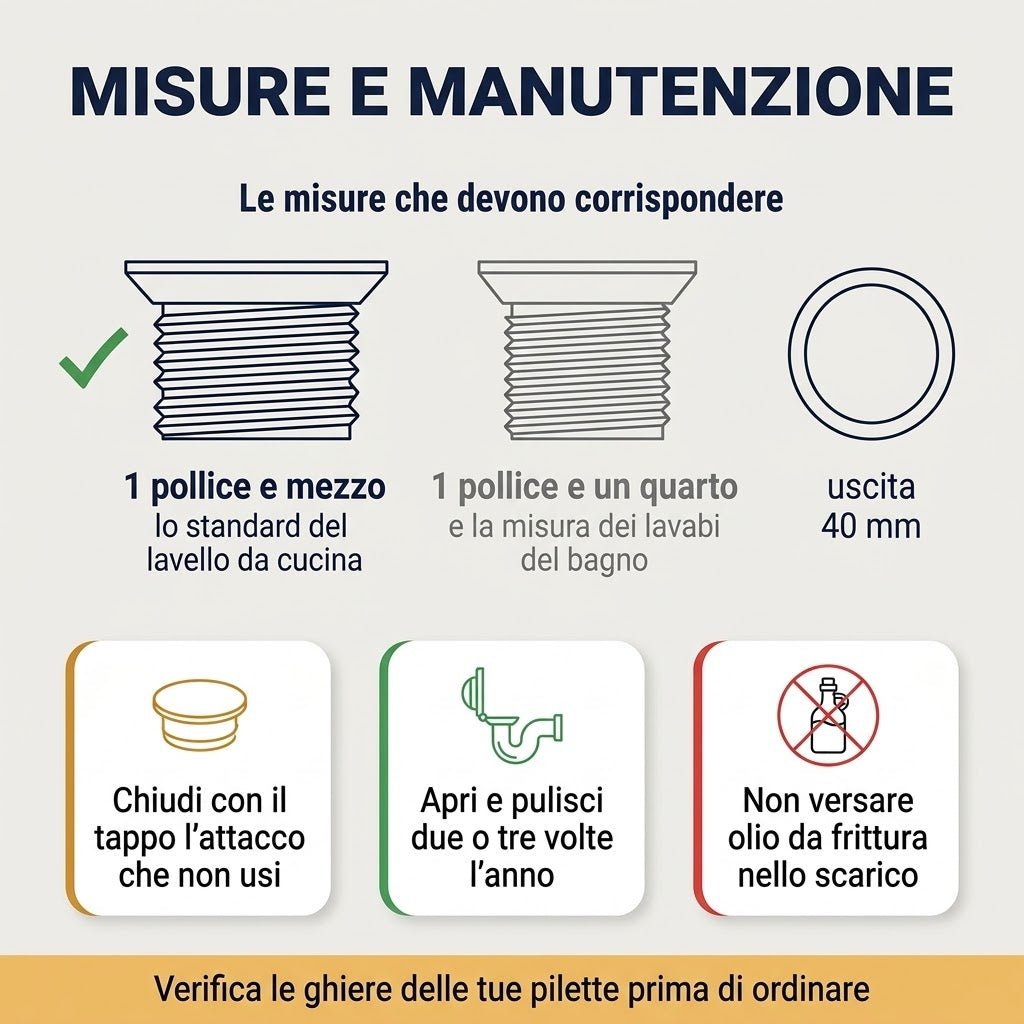 Schema grafico con misure e istruzioni di manutenzione per il sifone vasca ribassato, con consigli per la pulizia dello scarico.