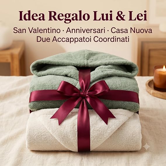 Confezione regalo con set 2 accappatoi cotone morbidi coordinati per lui e lei, idea perfetta per San Valentino.