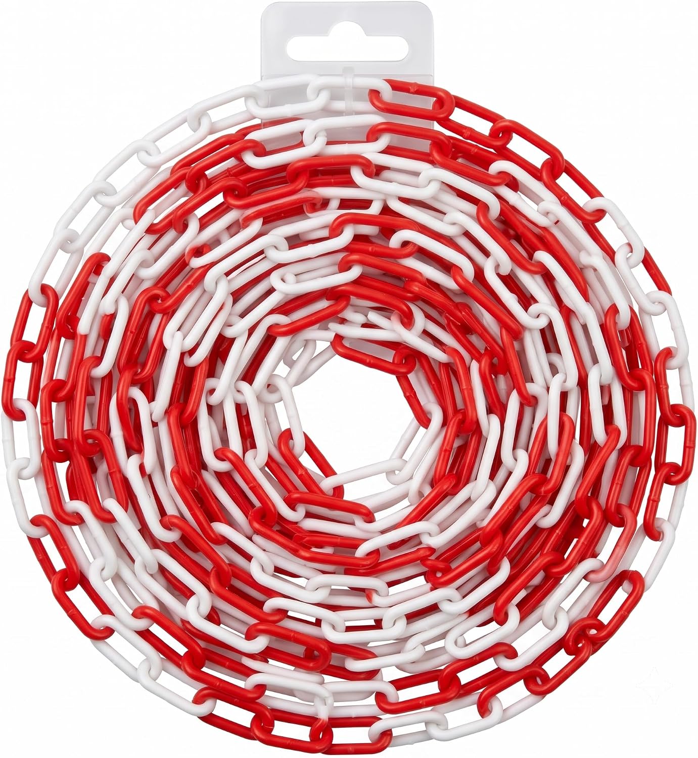 Una catena segnaletica in plastica bicolore bianca e rossa da 5 metri arrotolata per delimitazione.