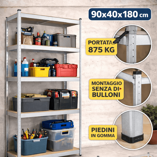 Scaffale Metallico Ercole 90x40x180 cm 5 Ripiani MDF 875 Kg Zincato - Lemag srl