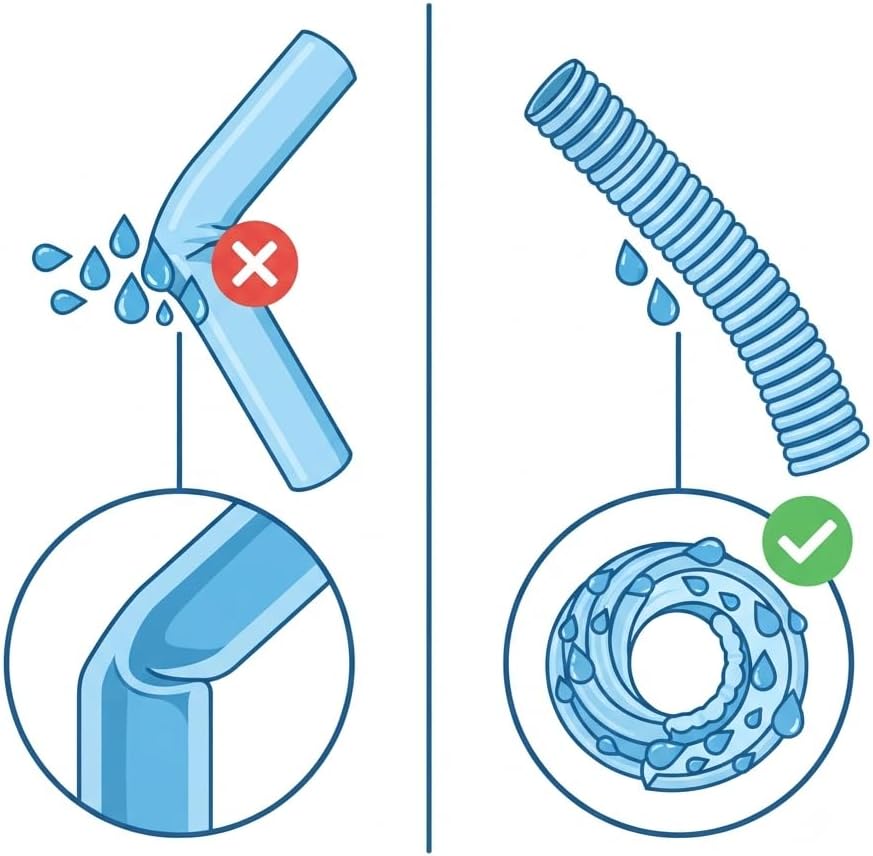 Confronto tra un tubo normale che si strozza e il tubo scarico condensa condizionatore spiralato e flessibile che evita ostruzioni.