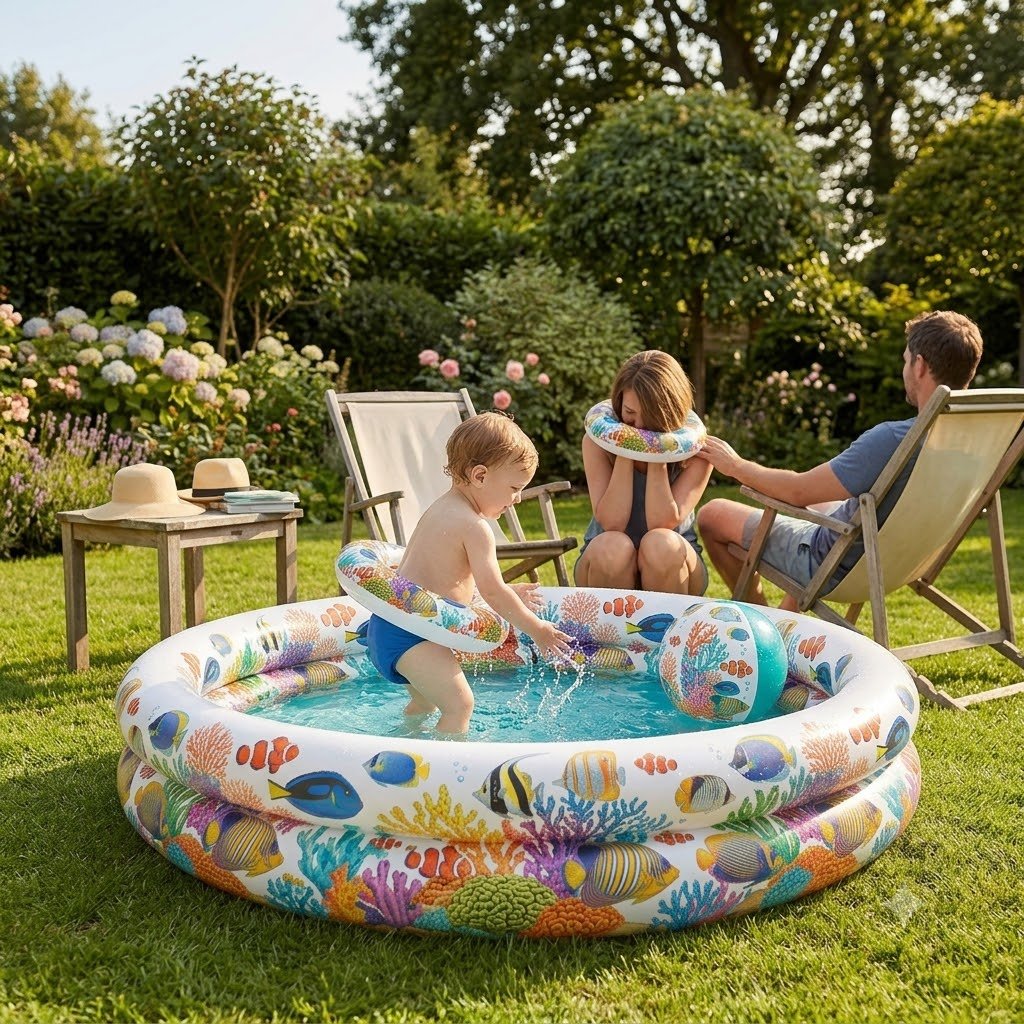 Bambino che gioca in giardino nella piscina gonfiabile per bambini con fantasia marina, palla e salvagente coordinati.