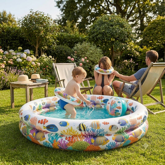 Bambino che gioca nella piscinetta gonfiabile per bambini con fantasia barriera corallina in giardino