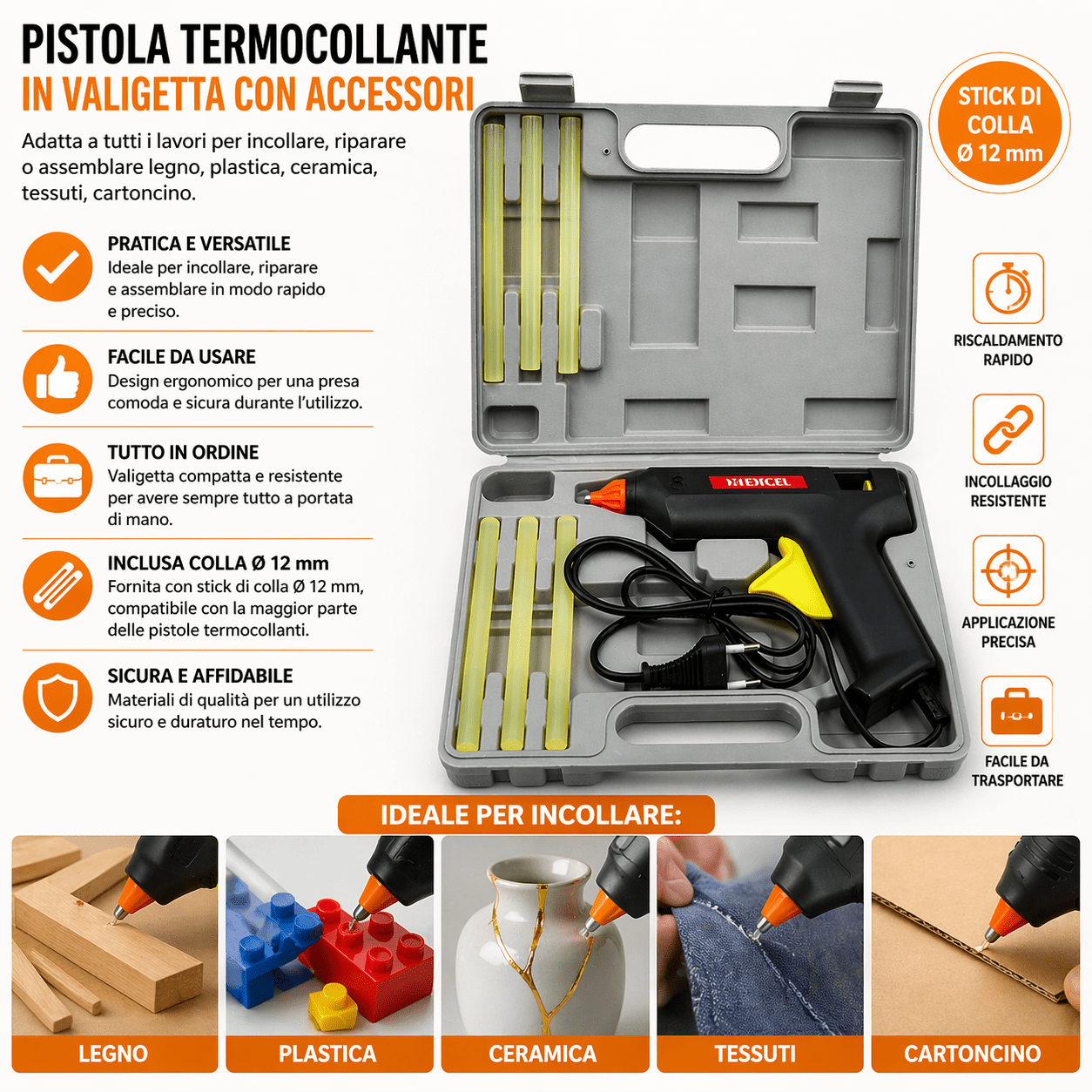 Pistola Termocollante in Valigetta con Accessori e Stick 12 mm - Lemag srl